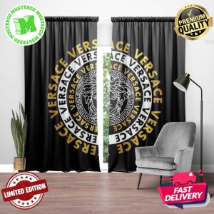 Versace Big White Signature Logo Medusa With Yellow And White Text Border In Black Background Window Curtain