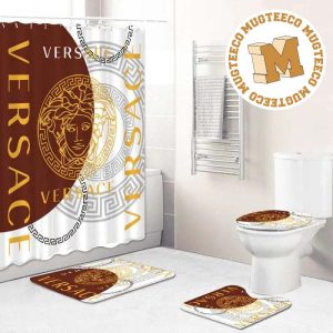 Versace Big Yellow Logo And Greca Pattern In Luxury Background Bathroom Shower Curtain Set