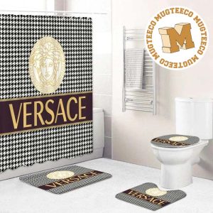 Versace Big Yellow Logo In Black And White Houndstooth Background Bathroom Shower Curtain Set