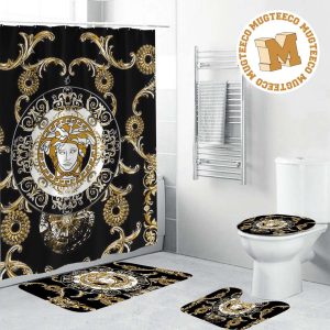 Versace Big Yellow Medusa and Baroque Pattern In Black Base Shower Curtains