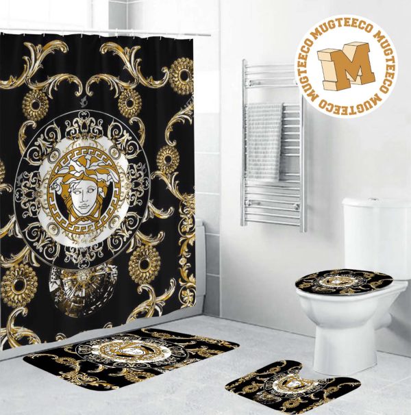 Versace Big Yellow Medusa and Baroque Pattern In Black Base Shower Curtains