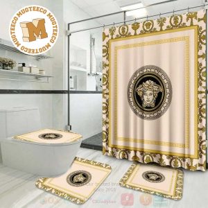 Versace Black Basic Logo In Beige Background With Baroque And Greca Border Background Bathroom Accessories Set