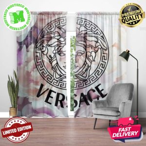Versace Black Simple Signature Logo In Rose Floral Background Window Curtain