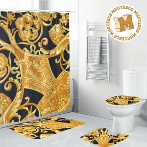 Versace Golden Baroque Pattern In Black Theme Bathroom Shower Curtain Set