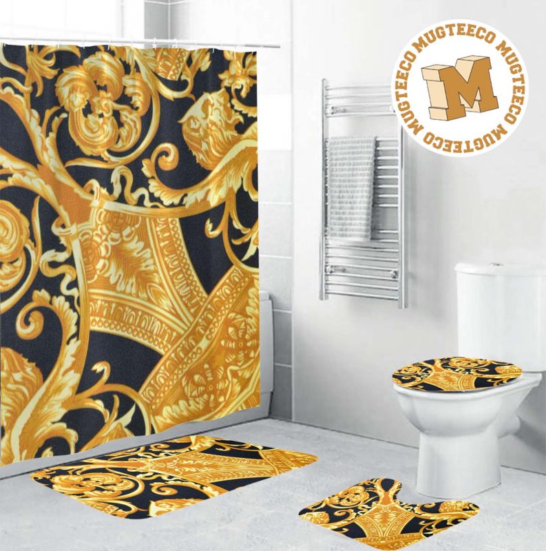 Versace Golden Baroque Pattern In Black Theme Bathroom Shower Curtain
