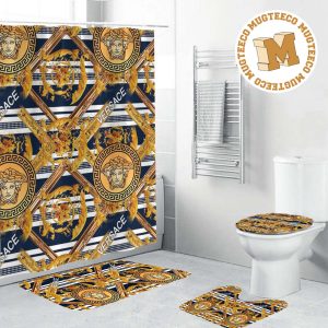 Versace Golden Logo With Greca And Baroque Pattern In Stripe Background Bathroom Accessories Set