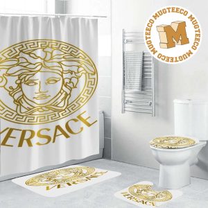 Versace Golden Luxury Medusa In White Base Bathroom Shower Curtain Set