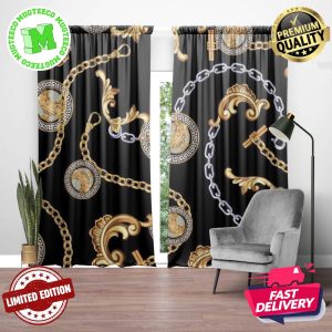 Versace Golden Signature Chain With Baroque And Greca Pattern In Black Theme Window Curtain