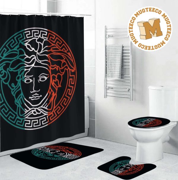 Versace Green White And Red Medusa In Black Theme Bathroom Shower Curtain Set