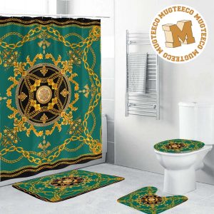 Versace Luxury Golden Baroque And Chains In Green Background Background Bathroom Accessories Set