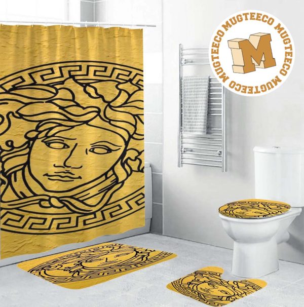 Versace Luxury Greca Logo In Yellow Background Bathroom Shower Curtain Set