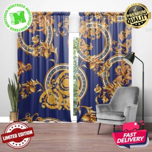 Versace Luxury Signature Greca And Baroque Pattern In Navy Blue Background Window Curtain