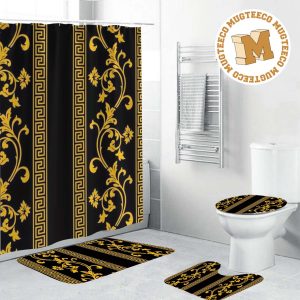 Versace Luxury Yellow Greca And Baroque Pattern In Black Background Bathroom Accessories Set