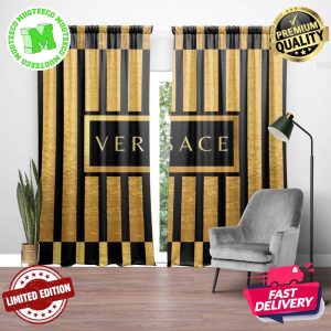 Versace Royal Logo In Golden And Black Stripes Background Window Curtain