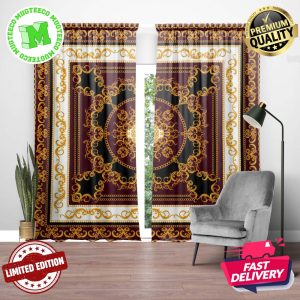 Versace Signature Golden Luxury Chain And Baroque Pattern In Maroon And White Background Window Curtain