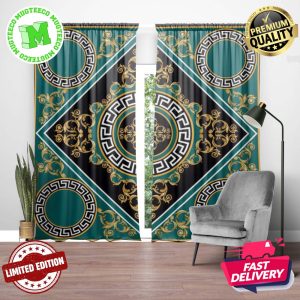 Versace Signature Greca And Baroque Patterns In Green Background Window Curtain