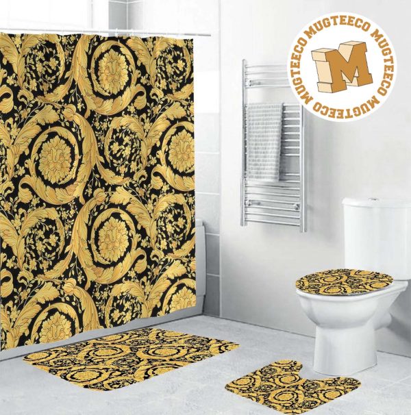 Versace Yellow Baroque Pattern In Black Background Background Bathroom Accessories Set