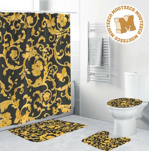 Versace Yellow Baroque Pattern In Black Background Bathroom Shower Curtain Set