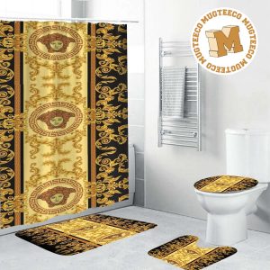 Versace Yellow Signatures With Golden Baroque Pattern In Black Base Background Bathroom Accessories Set