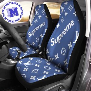 Luxury Louis Vuitton X Supreme Blue Logo Signature Monogram Pattern Car Seat Cover