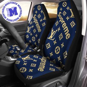 Luxury Louis Vuitton X Supreme Gold In Blue Backgroud Logo Signature Monogram Pattern Car Seat Cover