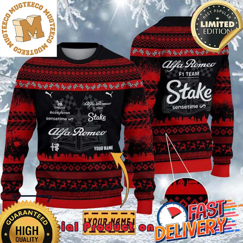 Alfa Romeo F1 Racing Team Custom Name Ugly Christmas Sweater For Holiday 2023 Xmas Gifts Alfa Romeo F1 Racing Team Custom Name Ugly Christmas Sweater For Holiday 2023 Xmas Gifts