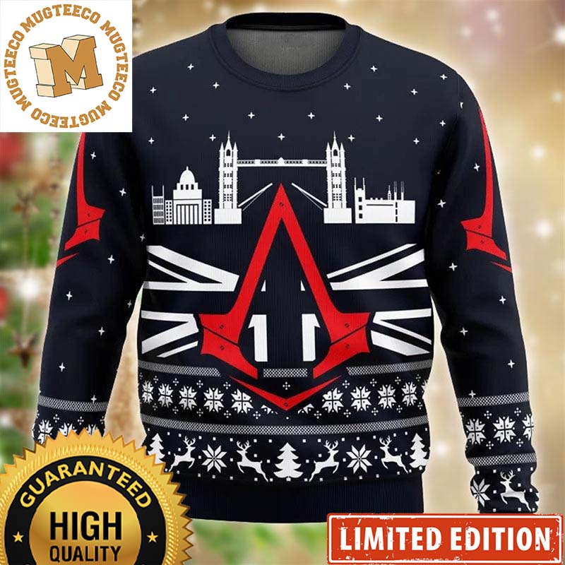Assassins Creed Big Red Logo London Bridge Snowy Night Christmas Ugly Sweater Assassins Creed Big Red Logo London Bridge Snowy Night Christmas Ugly Sweater