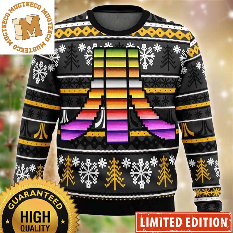 Atari Rainbow Logo Knitting Snowflakes Pine Tree Christmas Ugly Sweater Atari Rainbow Logo Knitting Snowflakes Pine Tree Christmas Ugly Sweater