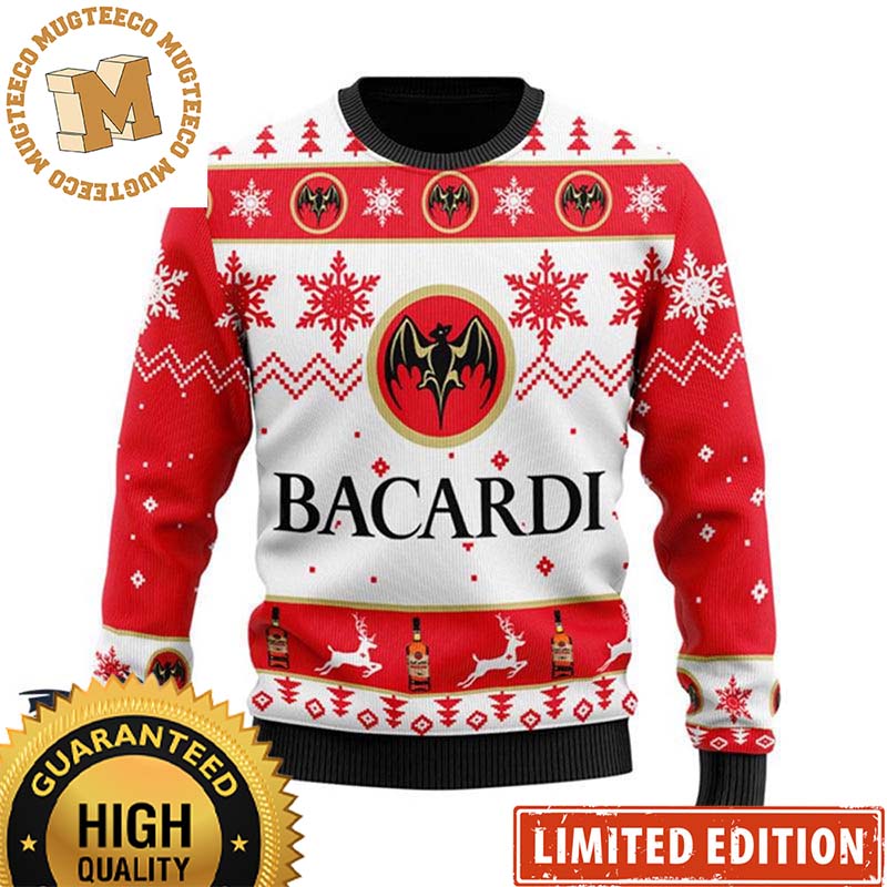 Bacardi Rum Wine Big Logo In White And Red Snowflakes And Deer Christmas Ugly Sweater 2023 Bacardi Rum Wine Big Logo In White And Red Snowflakes And Deer Christmas Ugly Sweater 2023