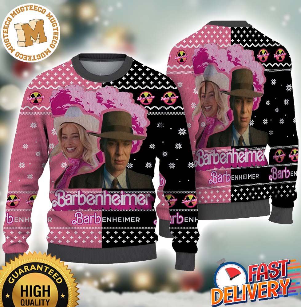 Barbenheimer Barbie Movie And Oppenheimer Two Sides Split Color Xmas 2023 Gift Ugly Holiday Christmas Sweater Barbenheimer Barbie Movie And Oppenheimer Two Sides Split Color Xmas 2023 Gift Ugly Holiday Christmas Sweater