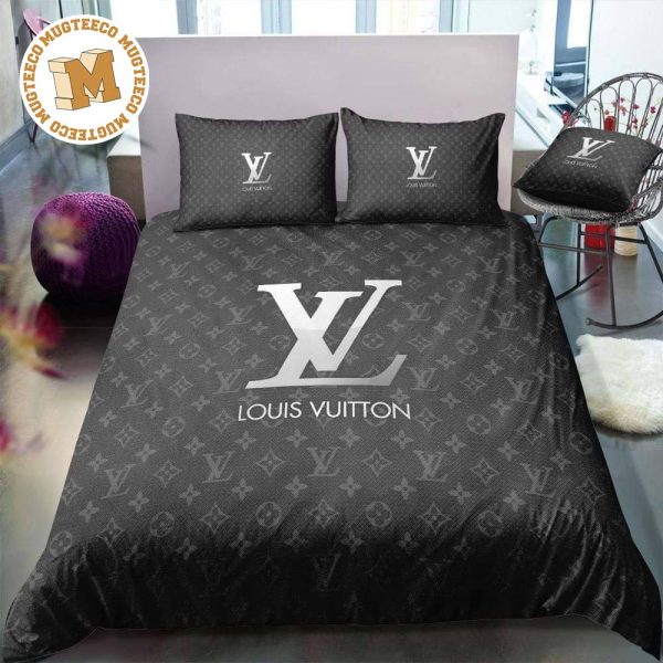 Best Louis Vuitton Big Silver Logo In Dark Grey Monogram Background Bedding Set Best Louis Vuitton Big Silver Logo In Dark Grey Monogram Background Bedding Set