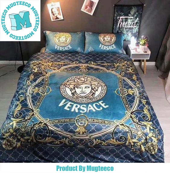 Best Versace Golden Logo Royal Pattern In Blue Background Bedding Set Best Versace Golden Logo Royal Pattern In Blue Background Bedding Set