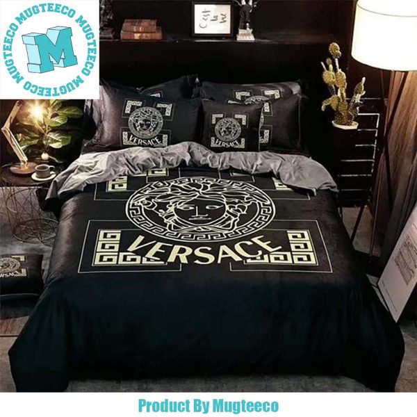 Best Versace Medusa Head Logo Yellowish In Black Background Bedding Set Best Versace Medusa Head Logo Yellowish In Black Background Bedding Set