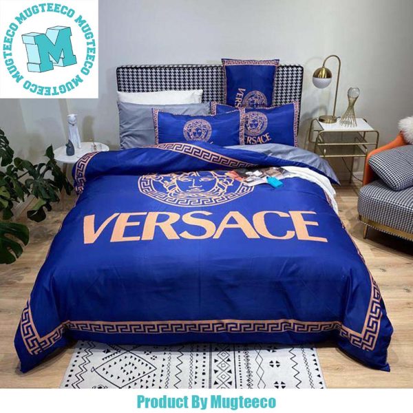 Best Versace Yellow Logo Greca Boder In Blue Bedding Set Best Versace Yellow Logo Greca Boder In Blue Bedding Set
