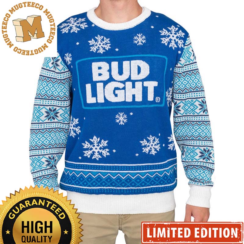 Bud Light Beer Big Logo In Blue And White With Snowflakes Detail Christmas Ugly Sweater 2023 Bud Light Beer Big Logo In Blue And White With Snowflakes Detail Christmas Ugly Sweater 2023