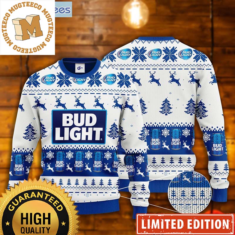 Bud Light Beer Lover Snowflakes And Deer Pattern White And Blue Christmas Ugly Sweater Bud Light Beer Lover Snowflakes And Deer Pattern White And Blue Christmas Ugly Sweater