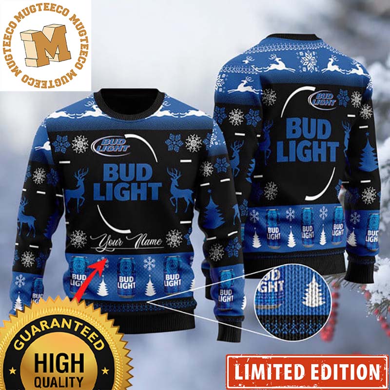 Bud Light Big Logo With Reindeer Detail Personalized Black Christmas Ugly Sweater Bud Light Big Logo With Reindeer Detail Personalized Black Christmas Ugly Sweater