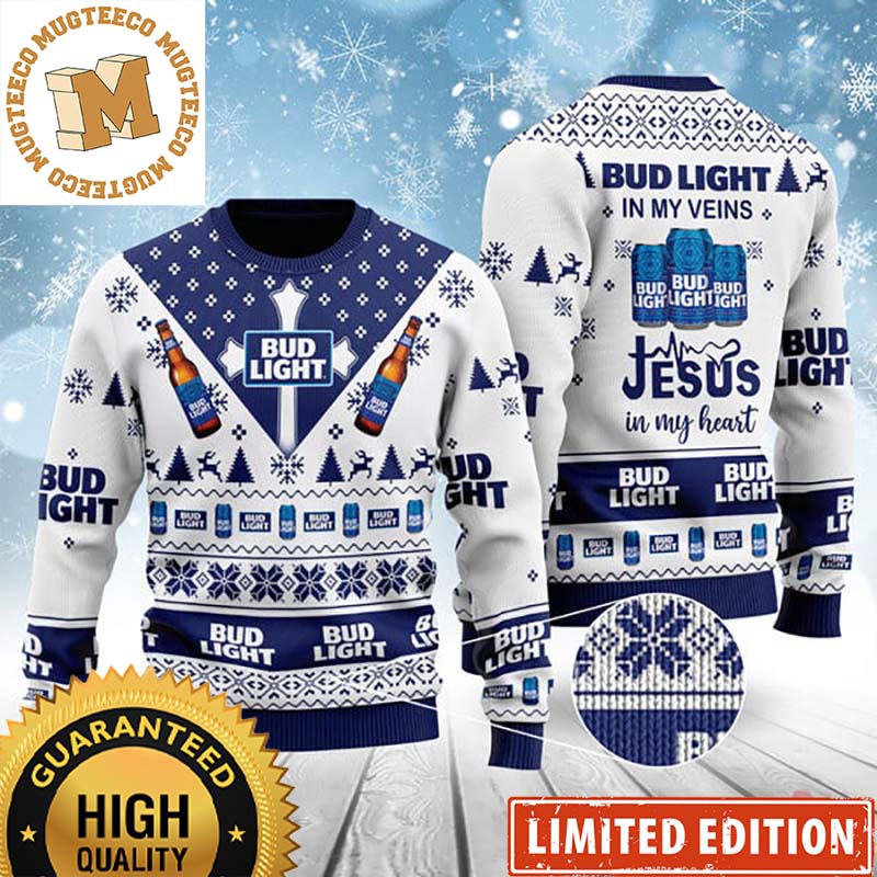 Bud Light Big Logo With The Cross Bud Light In My Veins Jesus In My Heart Quote Funny Christmas Ugly Sweater 2023 Bud Light Big Logo With The Cross Bud Light In My Veins Jesus In My Heart Quote Funny Christmas Ugly Sweater 2023