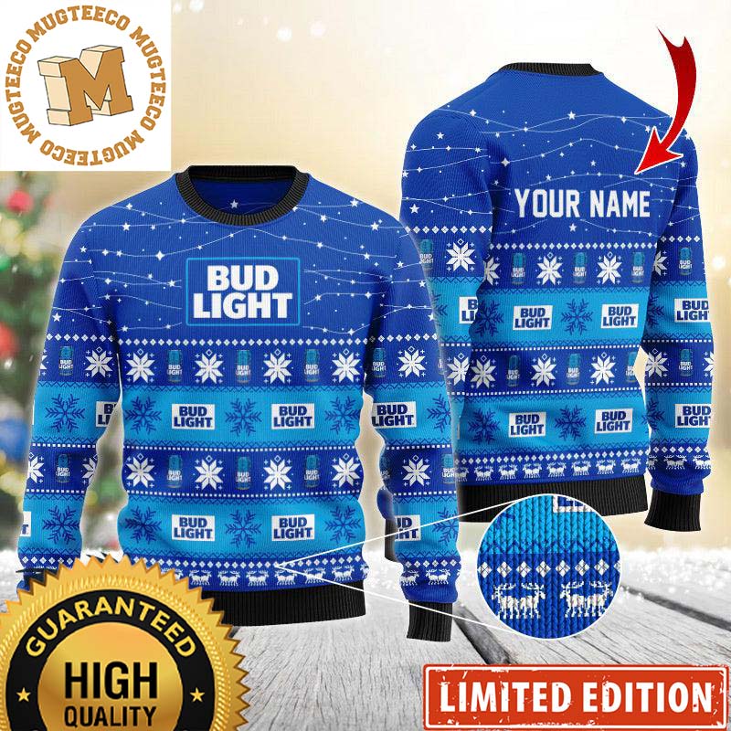 Bud Light Logo Pattern Twinkle Lights Personalized Blue Christmas Ugly Sweater 2023 Bud Light Logo Pattern Twinkle Lights Personalized Blue Christmas Ugly Sweater 2023