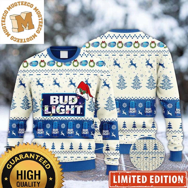 Bud Light Reindeer Snowy Night Snowflakes and Pine Tree Pattern Holiday Ugly Sweater Bud Light Reindeer Snowy Night Snowflakes and Pine Tree Pattern Holiday Ugly Sweater