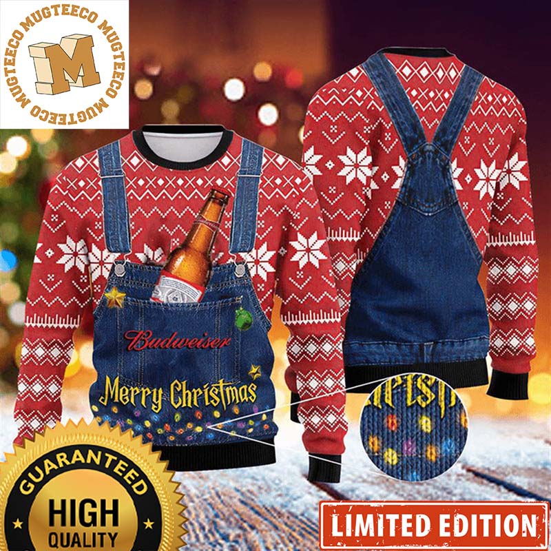 Budweiser Beer Merry Christmas Denim Overalls Effect Knitting Holiday Ugly Sweater Budweiser Beer Merry Christmas Denim Overalls Effect Knitting Holiday Ugly Sweater
