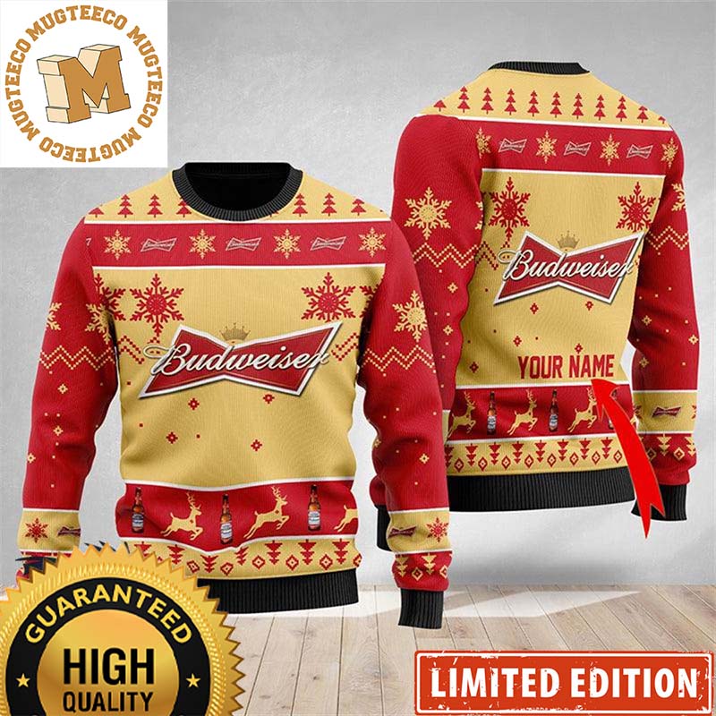 Budweiser Beer Signature Logo Snowflakes Knitting Pattern Personalized Christmas Ugly Sweater Budweiser Beer Signature Logo Snowflakes Knitting Pattern Personalized Christmas Ugly Sweater