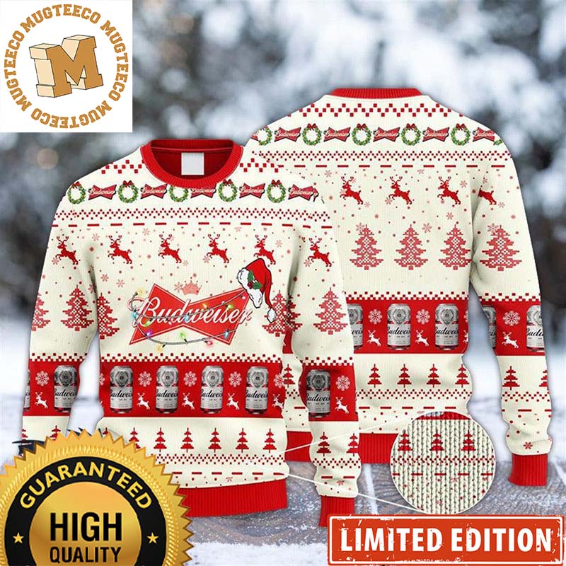 Budweiser Big Logo With Christmas Lights And Santa Hat Reindeer Snowy Night Holiday Ugly Sweater Budweiser Big Logo With Christmas Lights And Santa Hat Reindeer Snowy Night Holiday Ugly Sweater