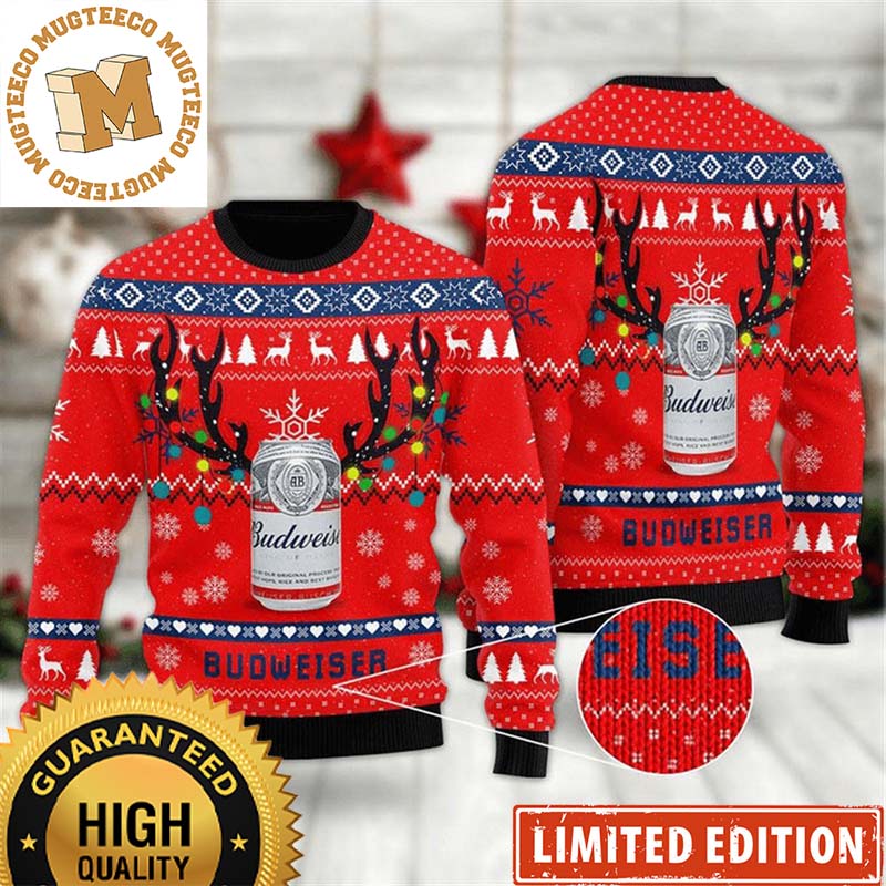 Budweiser Cans With Reindeer Horn Knitting Red Christmas Ugly Sweater 2023 Budweiser Cans With Reindeer Horn Knitting Red Christmas Ugly Sweater 2023