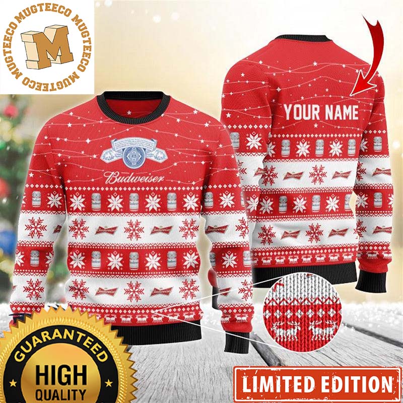 Budweiser Logo Christmas Twinkle Lights Personalized Red And White Holiday Ugly Sweater Budweiser Logo Christmas Twinkle Lights Personalized Red And White Holiday Ugly Sweater