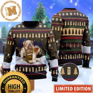 Bulldog Drink Coors Light Banquet Beer In The Snowy Night Christmas Ugly Sweater