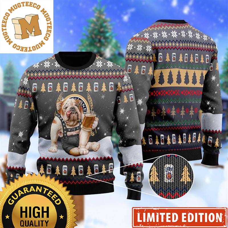 Bulldog Drink Miller Lite Beer In The Snowy Night Funny Christmas Ugly Sweater 2023 Bulldog Drink Miller Lite Beer In The Snowy Night Funny Christmas Ugly Sweater 2023