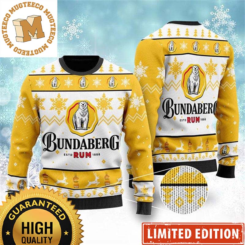 Bundaberg Estd Rum 1888 Bear Big Logo With Snowflakes Knitting Yellow And White Christmas Ugly Sweater 2023 Bundaberg Estd Rum 1888 Bear Big Logo With Snowflakes Knitting Yellow And White Christmas Ugly Sweater 2023