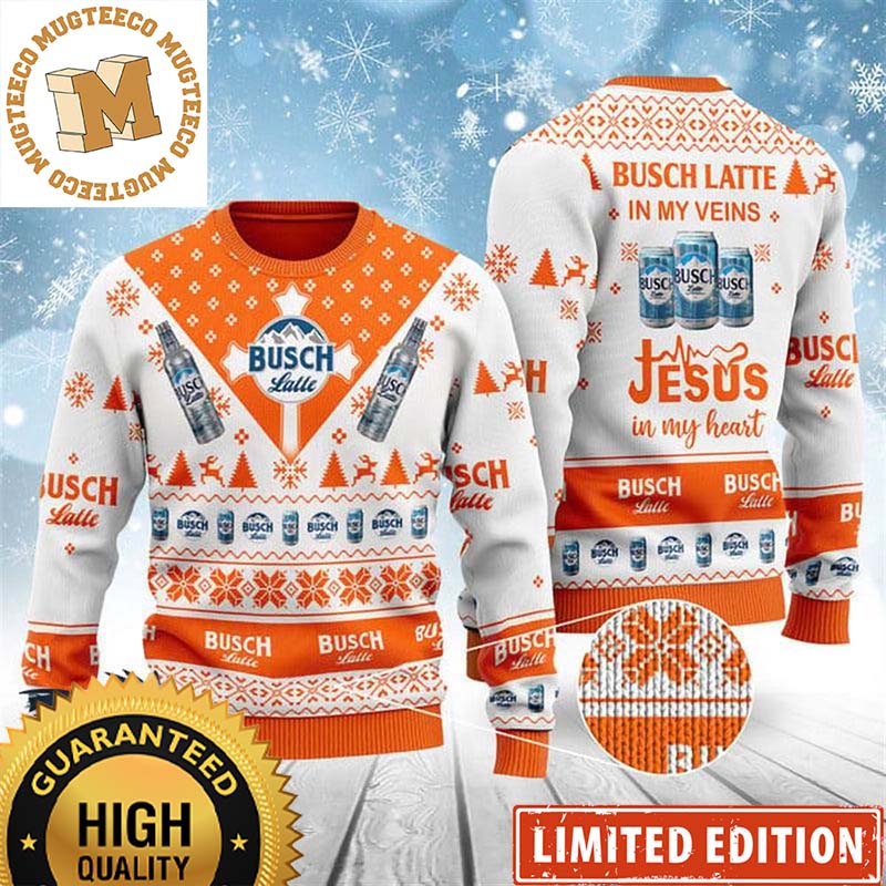 Busch Latte In My Veins Jesus In My Heart Orange And White Funny Christmas Ugly Sweater 2023 Busch Latte In My Veins Jesus In My Heart Orange And White Funny Christmas Ugly Sweater 2023