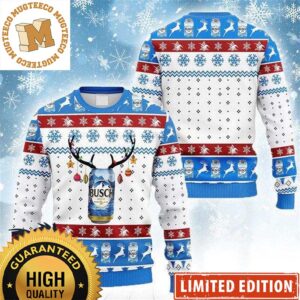 Busch Light Beer Reindeer Snowflakes Knitting White And Blue Christmas Ugly Sweater